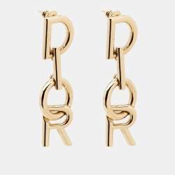 Pre Owned Dior Vertical Logo Gold Tone Drop Earrings