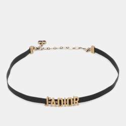 Dior J'Adior Black Ribbon Gold Tone Slide Pendant Choker Necklace