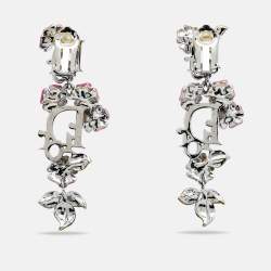 Dior Multicolor Enamel Flower Logo Silver Tone Clip On Earrings