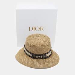 Pre Owned Christian Dior Brown Embroidered Band Straw D-Bobby Large Brim Hat