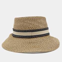 Pre Owned Christian Dior Brown Embroidered Band Straw D-Bobby Large Brim Hat