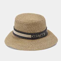 Pre Owned Christian Dior Brown Embroidered Band Straw D-Bobby Large Brim Hat