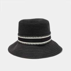 Christian Dior Black Embroidered Band Straw Dioresort Large Brim Hat