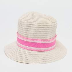 Pre Owned Christian Dior Ivory/Pink Logo Detail Straw Dioresort Hat