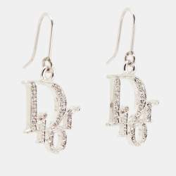 Dior Crystal Accented Logo Silver Tone Drop Earrings