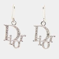 Dior Crystal Accented Logo Silver Tone Drop Earrings