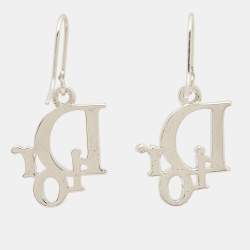 Dior Crystal Accented Logo Silver Tone Drop Earrings