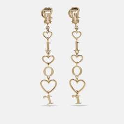 Pre Owned Dior Heart Letter Spell Out Gold Tone Crystal Drop Earrings