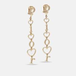 Pre Owned Dior Heart Letter Spell Out Gold Tone Crystal Drop Earrings