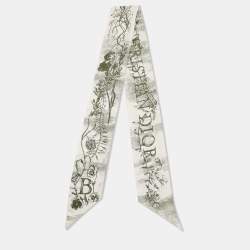 Pre Owned Dior White/Green Printed Silk Botanique Mitzah Scarf