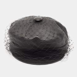 Pre Owned Christian Dior Black Leather Arty Beret Cap With Veil 