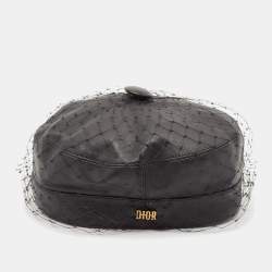 Pre Owned Christian Dior Black Leather Arty Beret Cap With Veil 