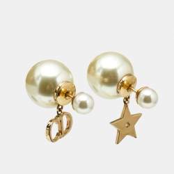 Pre Owned Dior Tribales Faux Pearl Gold Tone Charm Earrings
