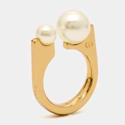 Dior Tribales Faux Pearl Gold Tone Ring Size 51