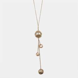 Dior Cannage Faux Pearl Crystals Gold Tone Long Necklace