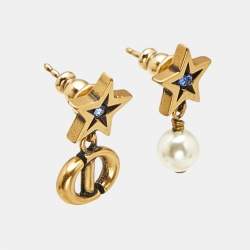 Dior Star CD Faux Pearl Crystals Gold Tone Drop Earrings