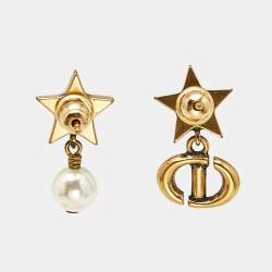 Dior Star CD Faux Pearl Crystals Gold Tone Drop Earrings