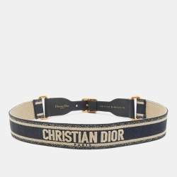 Dior Navy Blue/Black Embroidered Canvas and Leather Waist Buckle Belt 75CM