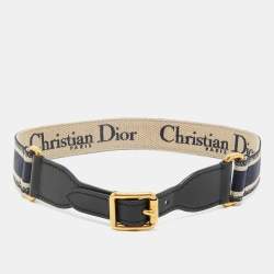 Dior Navy Blue/Black Embroidered Canvas and Leather Waist Buckle Belt 75CM