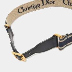 Dior Navy Blue/Black Embroidered Canvas and Leather Waist Buckle Belt 75CM