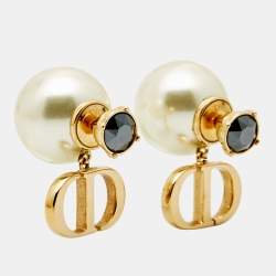 Pre Owned Dior Tribales CD Crystals Faux Pearl Gold Tone Metal Earrings