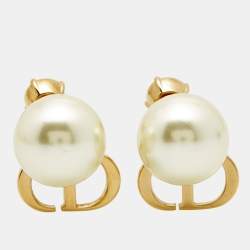 Pre Owned Dior Tribales CD Crystals Faux Pearl Gold Tone Metal Earrings