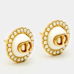 Pre Owned Dior Petit CD Baroque Faux Pearl Gold Tone Stud Earrings