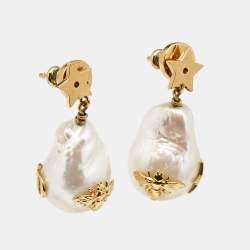 Pre Owned Dior CD Bee Faux Pearl Gold Tone Earrings