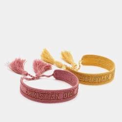 Pre Owned Dior Pink/Yellow J'adior Cotton Embroidered Bracelet Set of 2