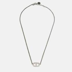 Pre Owned Dior CD Logo Crystal Silver Tone Necklace