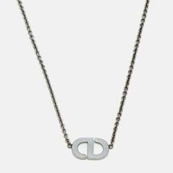 Pre Owned Dior CD Logo Crystal Silver Tone Necklace