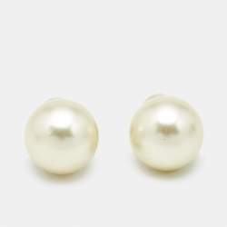 Pre Owned Dior Tribales Faux Pearl Gold Tone Earrings