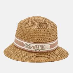 Pre Owned Christian Dior Beige Logo Straw Bucket Hat Size 57