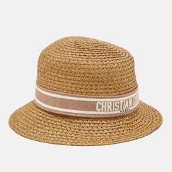 Pre Owned Christian Dior Beige Logo Straw Bucket Hat Size 57