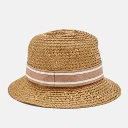 Pre Owned Christian Dior Beige Logo Straw Bucket Hat Size 57