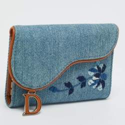 Pre Owned Dior Blue Embroidered Denim Saddle Key Pouch