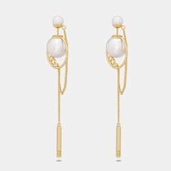 Pre Owned Dior Tribales Faux Pearl Gold Tone Chain Dangle Earrings