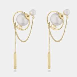 Pre Owned Dior Tribales Faux Pearl Gold Tone Chain Dangle Earrings