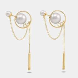 Pre Owned Dior Tribales Faux Pearl Gold Tone Chain Dangle Earrings