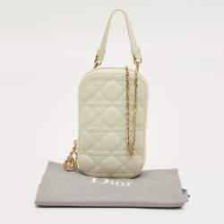 Pre Owned Dior White Cannage Leather Lady Dior Call'in Dior Phone Holder with Chain