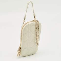 Pre Owned Dior White Cannage Leather Lady Dior Call'in Dior Phone Holder with Chain