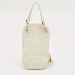 Pre Owned Dior White Cannage Leather Lady Dior Call'in Dior Phone Holder with Chain