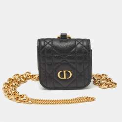 Pre Owned Dior Black Cannage Leather Caro Airpods Case with Chain