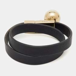 Pre Owned Christian Dior Mise En Dior Black Leather Faux Pearl Gold Tone Double Wrap Bracelet S