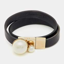Pre Owned Christian Dior Mise En Dior Black Leather Faux Pearl Gold Tone Double Wrap Bracelet S