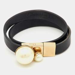 Pre Owned Christian Dior Mise En Dior Black Leather Faux Pearl Gold Tone Double Wrap Bracelet S