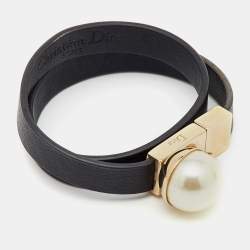 Pre Owned Christian Dior Mise En Dior Black Leather Faux Pearl Gold Tone Double Wrap Bracelet S