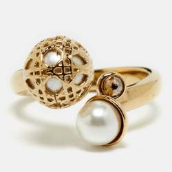 Pre Owned Dior Secret Cannage Faux Pearl Crystal Gold Tone Open Ring Size 52