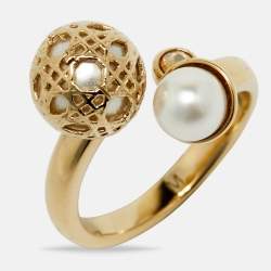 Pre Owned Dior Secret Cannage Faux Pearl Crystal Gold Tone Open Ring Size 52