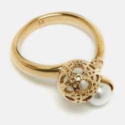 Pre Owned Dior Secret Cannage Faux Pearl Crystal Gold Tone Open Ring Size 52